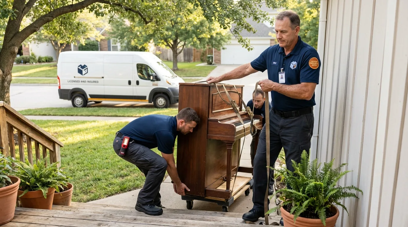 Licensed piano movers securing grand piano in Starke, FL